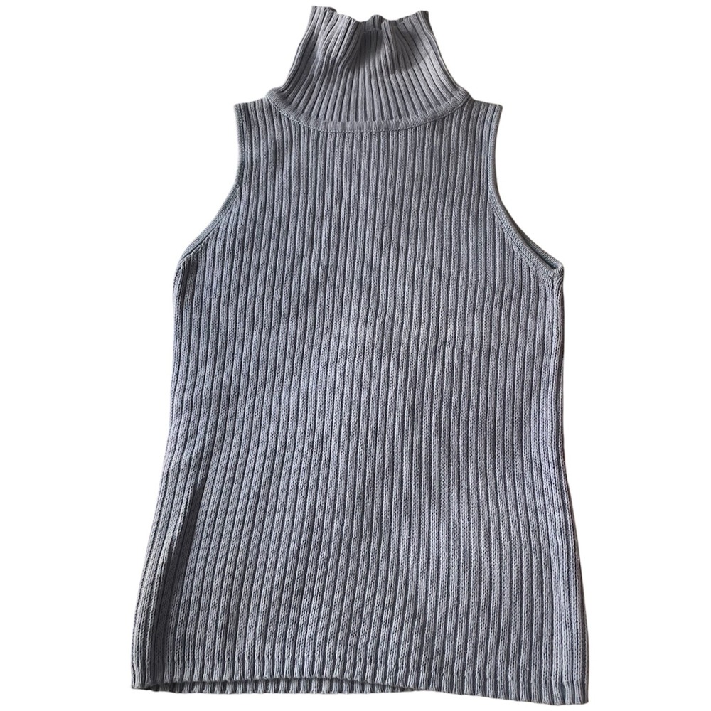 Ann Taylor Women Sleeveless Turtleneck Ribbed Knit Cotton Sweater Blue Small VTG